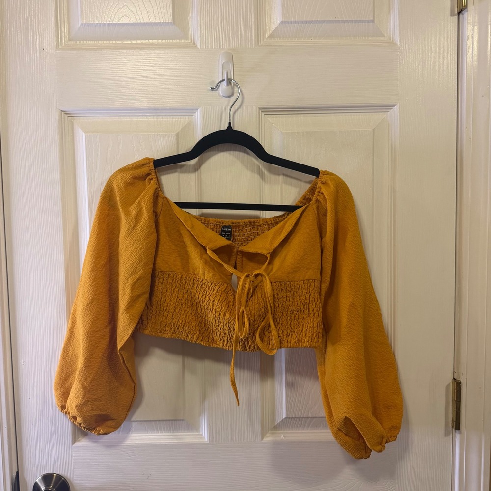 SHEIN VCAY Mustard Yellow Smocked Tie Front Puff Sleeve Crop Top Size M 6